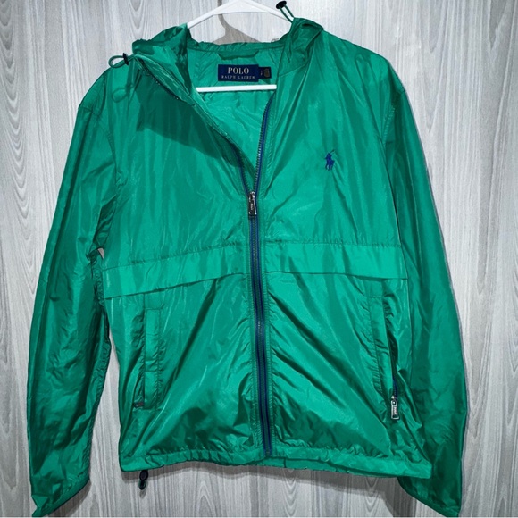 Polo Ralph Lauren Green Windbreaker Zip Jacket Men Size S Water Repellent Hooded